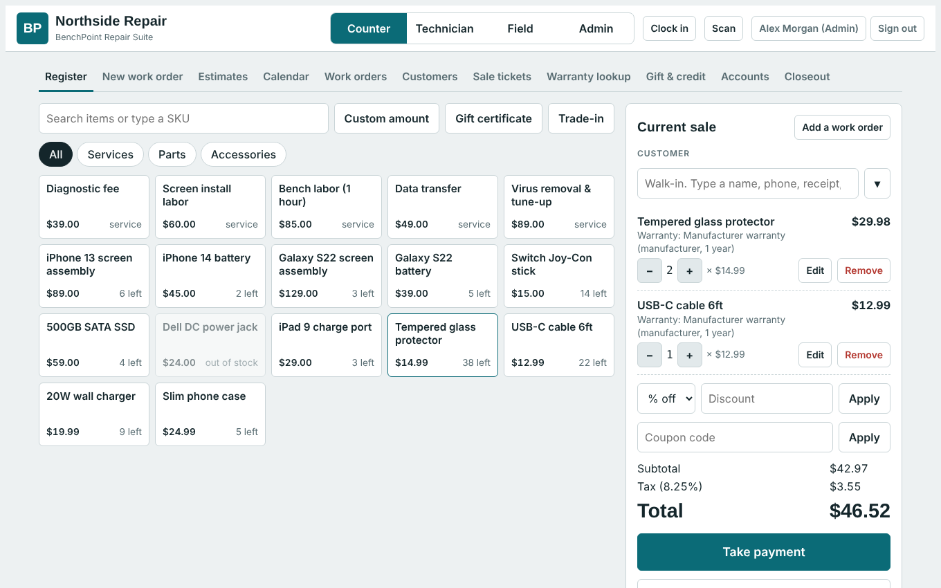 BenchPoint screenshot: Register