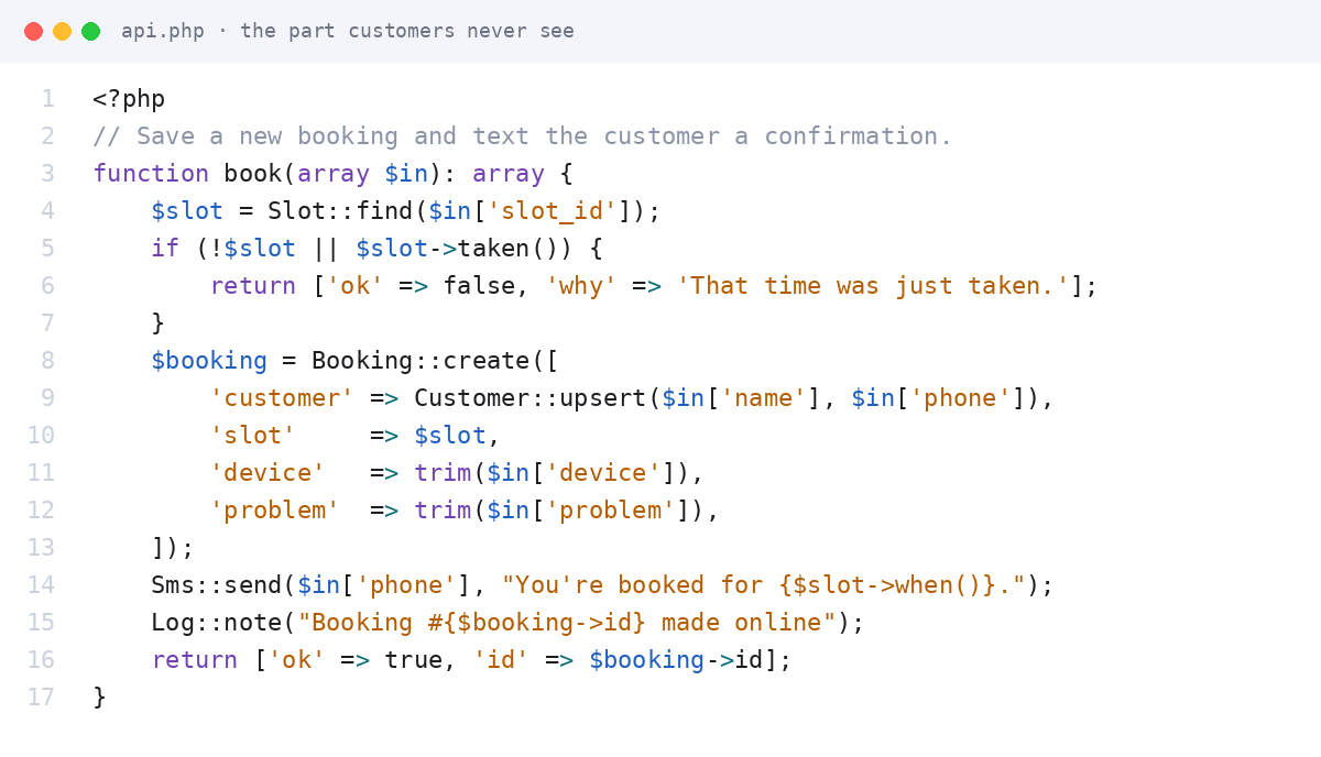 Code from a custom application: saving a booking and texting the customer